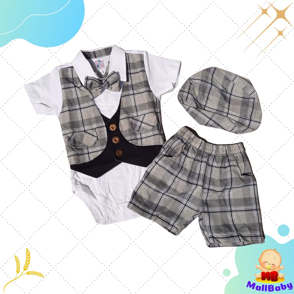 Setelan Jumper Bayi Dasi Laki Laki Baju Bayi Rompi Dasi Tuxedo Set Topi Oliver