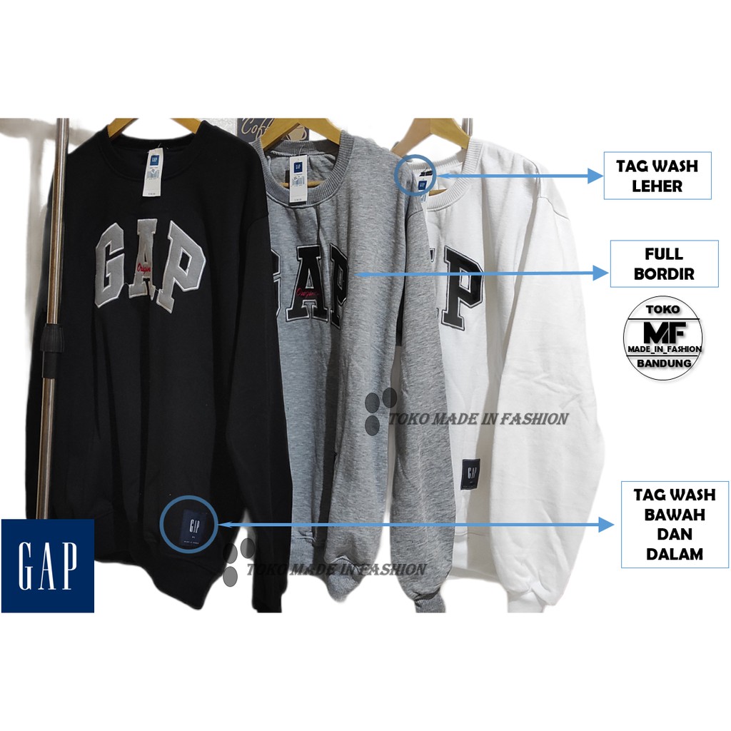 Sweatshirt GAP Model Crewneck Teks Bordir Premum Quality Full Tag Label untuk Pria dan Wanita