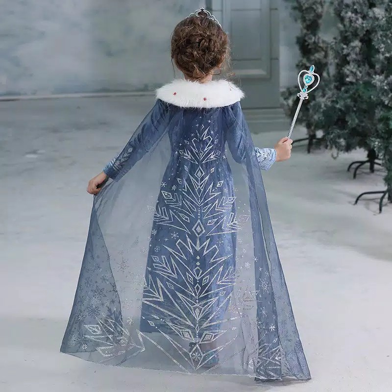 TBI Kostum Frozen 2 Elsa Anna Jubah Bulu Gaun Beku Disney Dress Princess