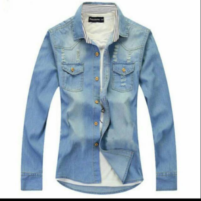 Baju Atasan/Kemeja/Hem Pria/Cowok/Laki - Laki Jeans Wash Bagus Lengan Panjang Casual/Formal