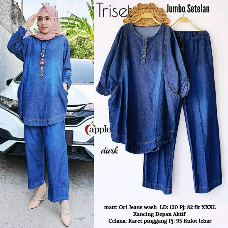 Triset Jumbo, SETELAN JEANS WANITA JUMBO LD 120 KANCING BUSUI BAHAN JEANS WASH IMPORT TERMURAH TERLARIS