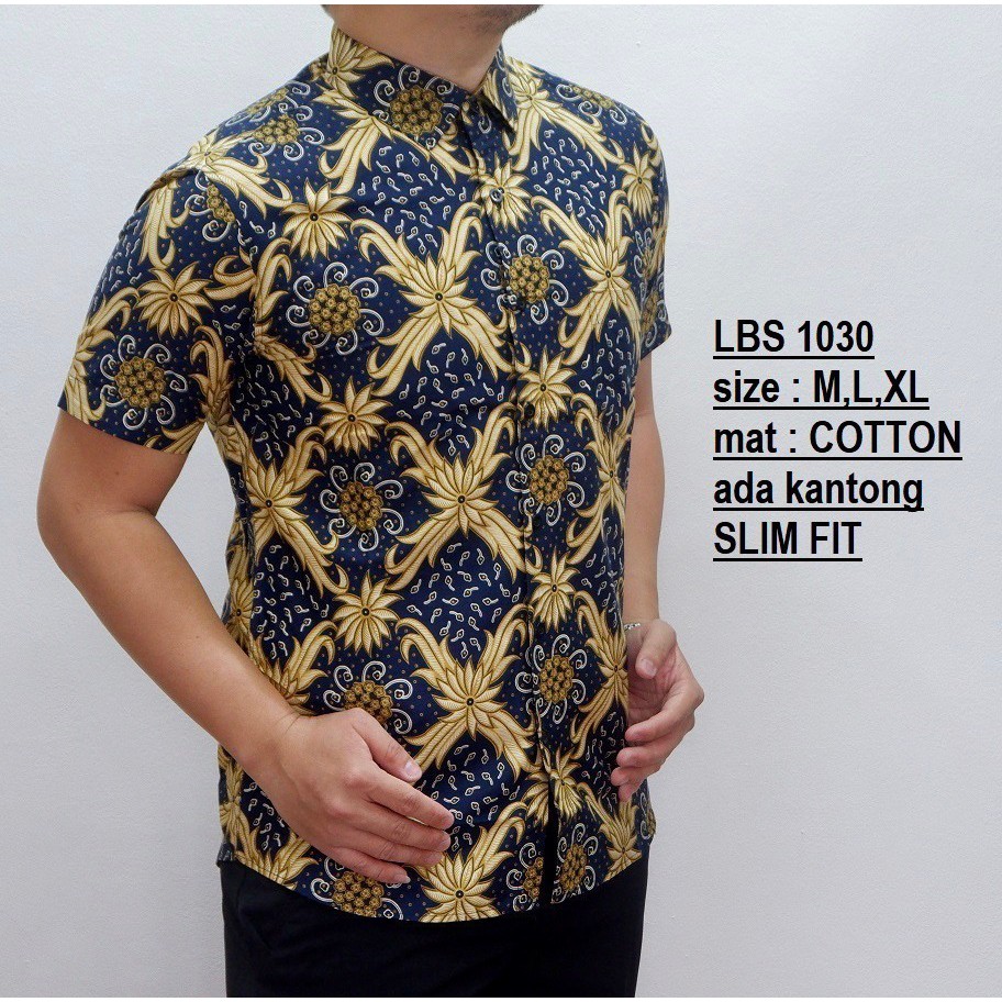 Baju Batik Pria || Kemeja Batik Pria Slimfit Lengan Pendek || Luigi Batani || NAVY KUNING LBS1030