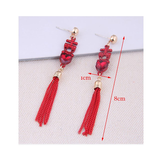 LRC Anting Tusuk Fashion Red 925 Silver Pin Love Tassel Earrings A59877