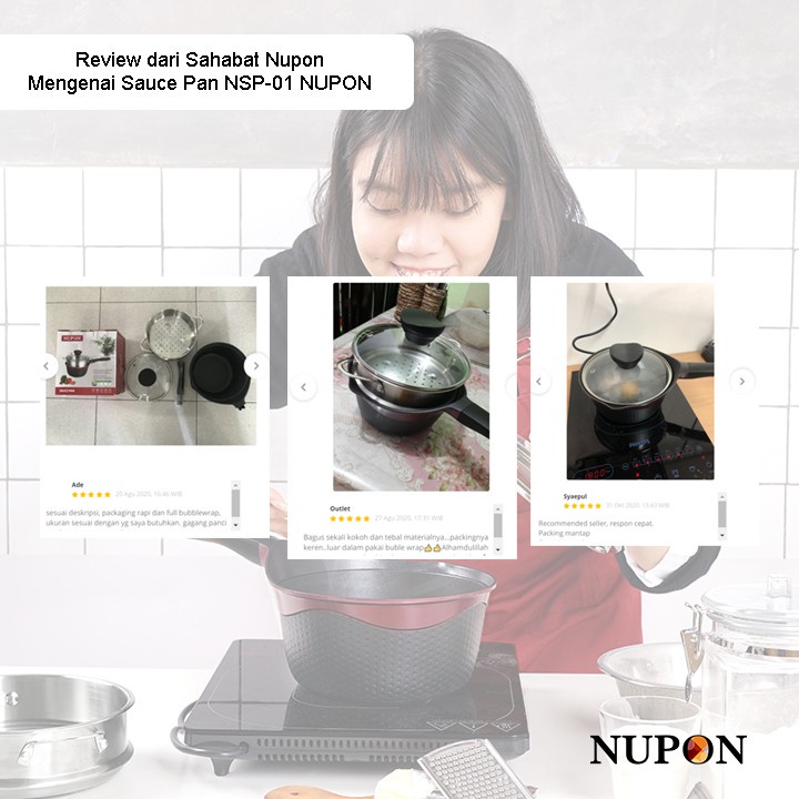 NUPON Sauce Pan 18cm Panci Anti Lengket PFOA Free dengan Tutup Kaca dan Steamer Stainless Food Grade