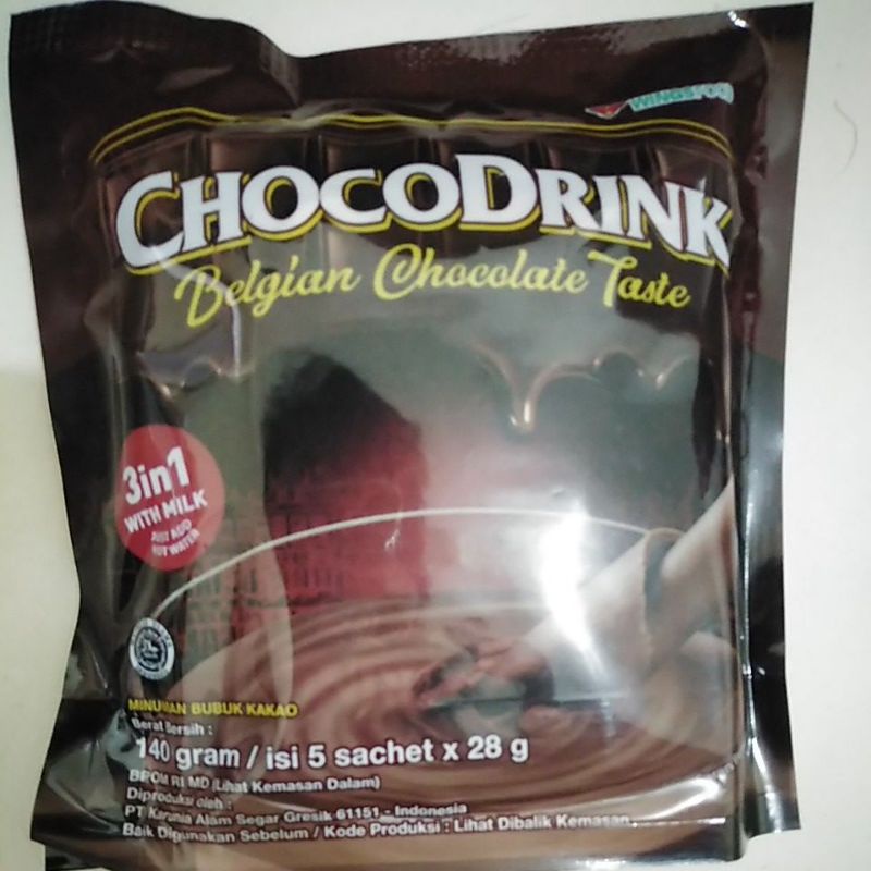 

CHOCODRINK. Belgian Chocolate Taste. WINGSFOOD. 3in1 WITH MILK. Berat:140 gram / isi 5 sachet x 28 g