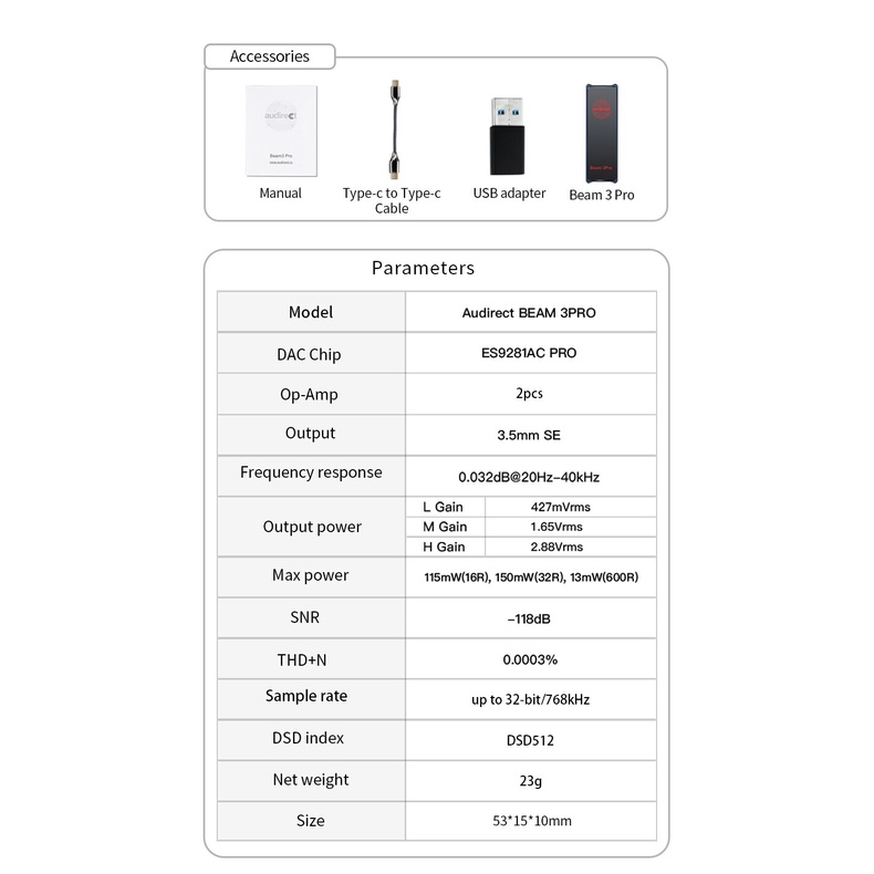 Hilidac Audirect Beam 3Pro ESS9281 AC Pro HiFi Portable Headphone Amplifier Beam3 Pro 36Bit/768kHz DSD512 with 3.5mm SE Port