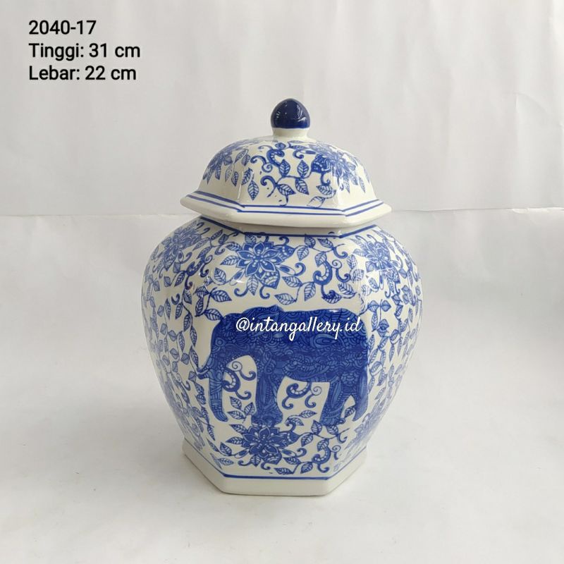 Toples Segi Enam Keramik Biru Putih Motif Gajah
