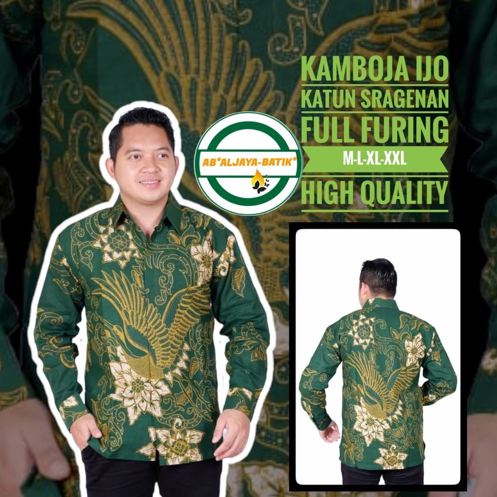 KAMBOJA IJO Kemeja Batik Solo Pria Lapis Furing PREMIUM Lengan Panjang ALJAYA asli solo warna HIJAU