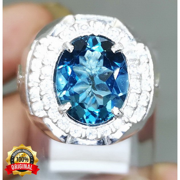 Cincin Batu Natural London Blue Topaz Bersertifikat