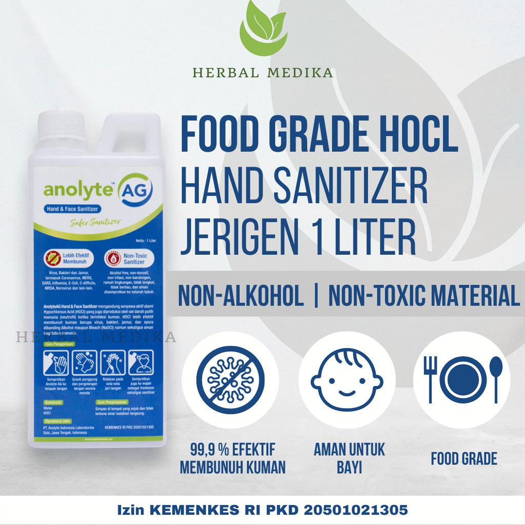 Anolyte Hand Sanitizer Refill Jerigen 1 Liter HOCL Non Alkohol AMAN Untuk ANAK Food Grade HALAL