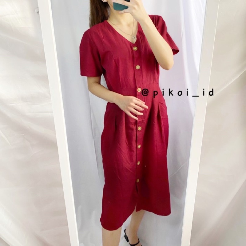 Dress merah cantik / dress button up / dress vintage / dress katun polos / dress sandra dewi / 1537