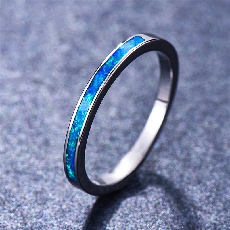 New European and American imitation inlaid blue opal 4mm silver ladies fashion simple thin ring