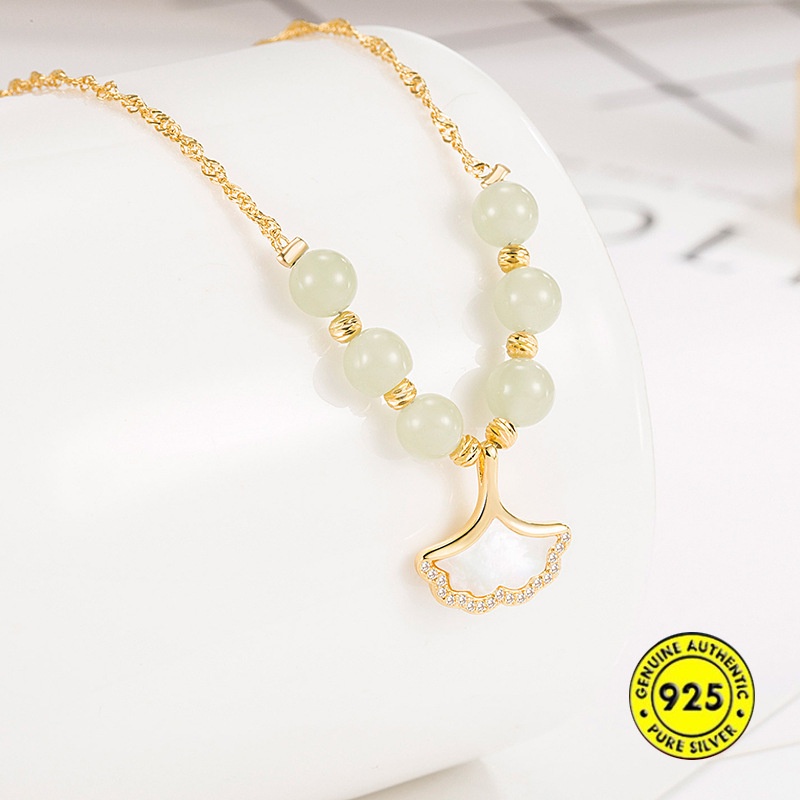 Kalung Rantai Sterling Silver 925 Dengan Liontin Daun Ginkgo Jasper Putih Untuk Wanita