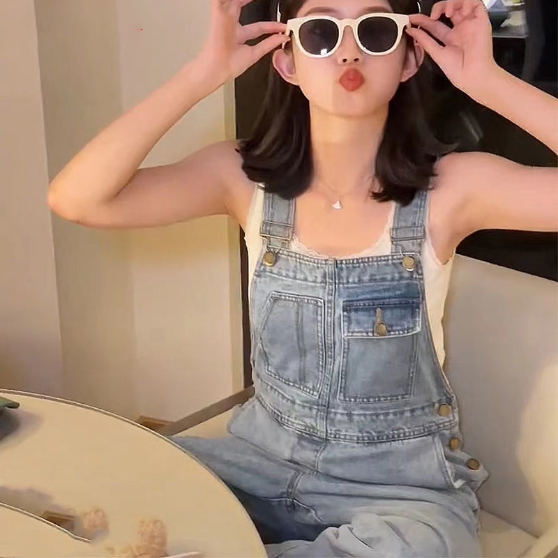 Tren awal musim gugur versi Korea dari overall denim kasual kecil baru tren celana one-piece wide-le