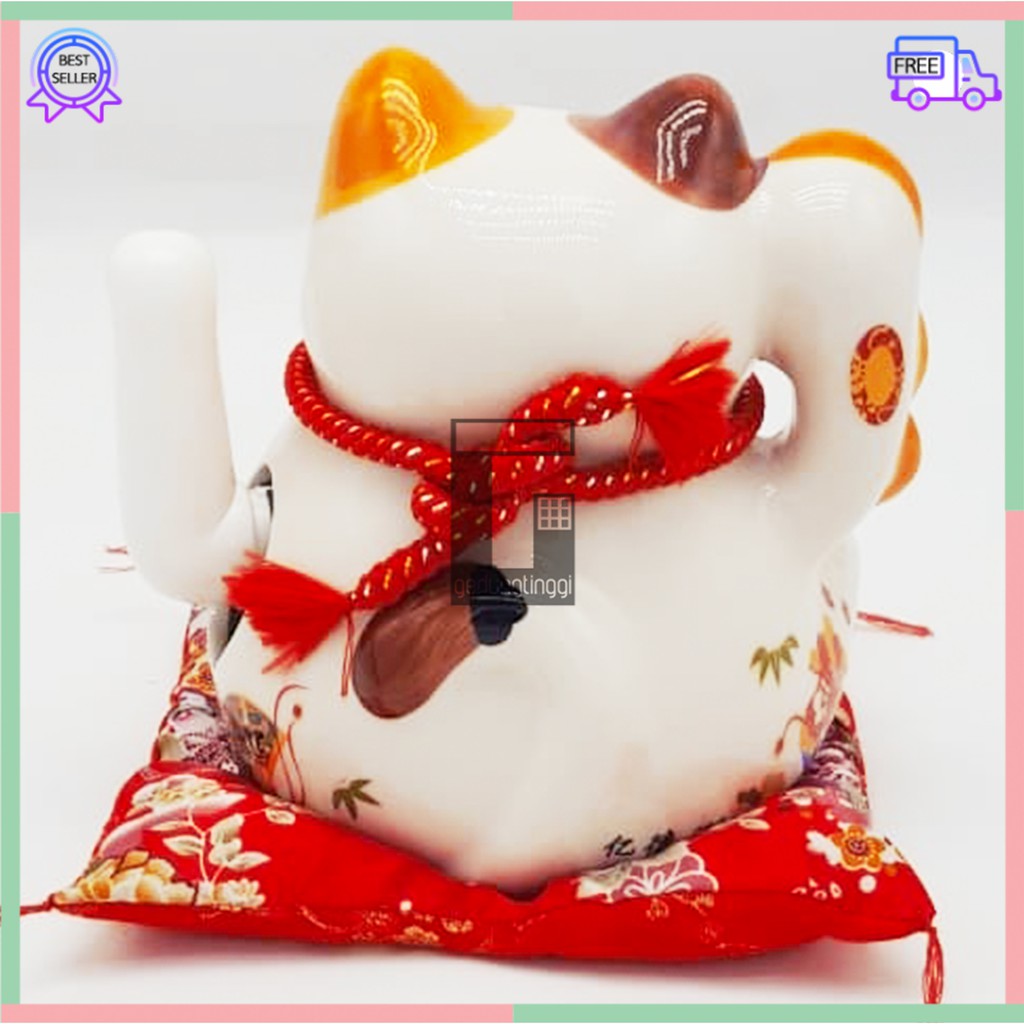 Pajangan Patung Hiasan Dekorasi Boneka Kucing Panggil Hoki Maneki Neko Maneko Neki Lucky Cat Rejeki Rezeki Keberuntungan Daruma Keramik Cina China Jepang Baterai Batrai Batre Listrik Tangan Gerak Goyang Hias Meja Etalase Toko Kantor Resto Cafe Kafe Murah