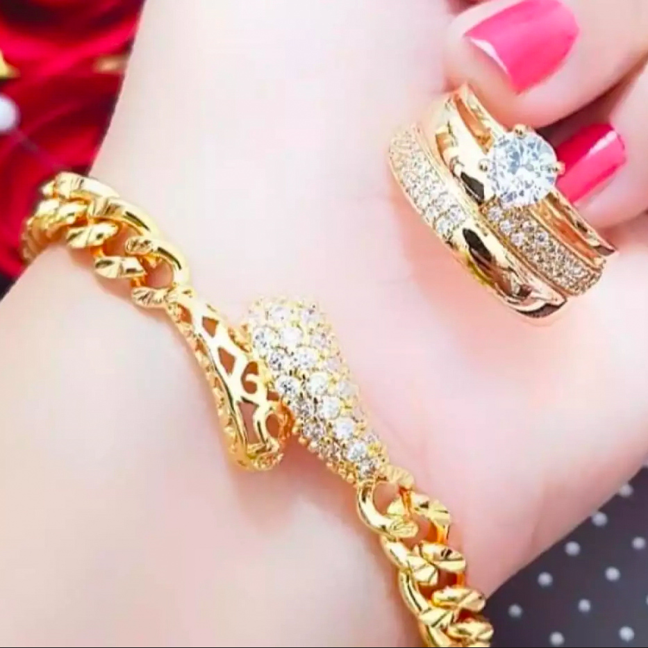 Gelang Xuping Set Perhiasan Wanita Gelang Rantai Plat Ular Bonus Cincin