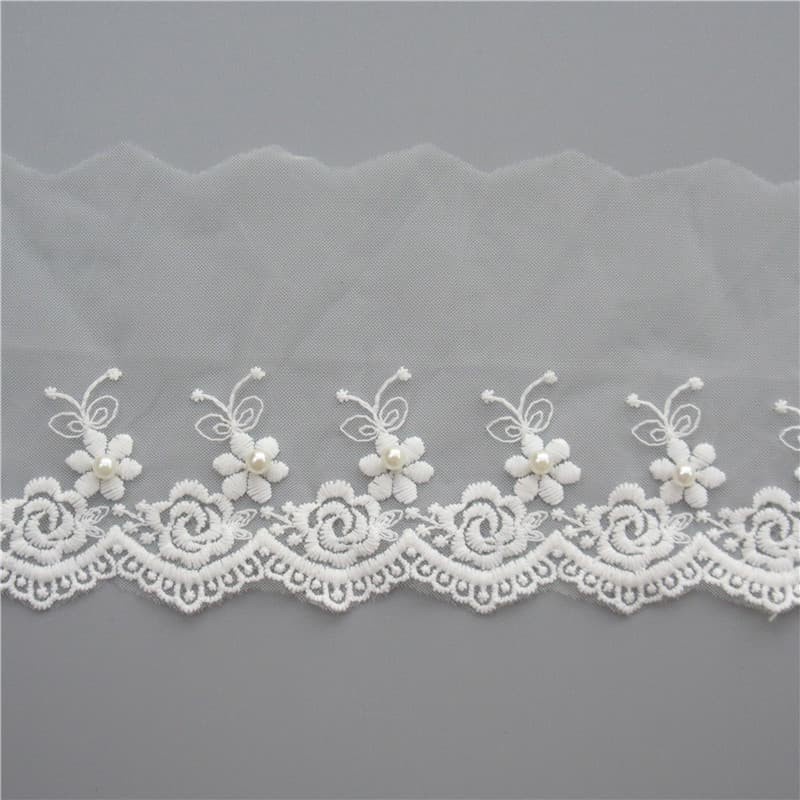 Cotton Net Mesh Embroidered Lace - Floral Pearl 10cmx0.5Yard