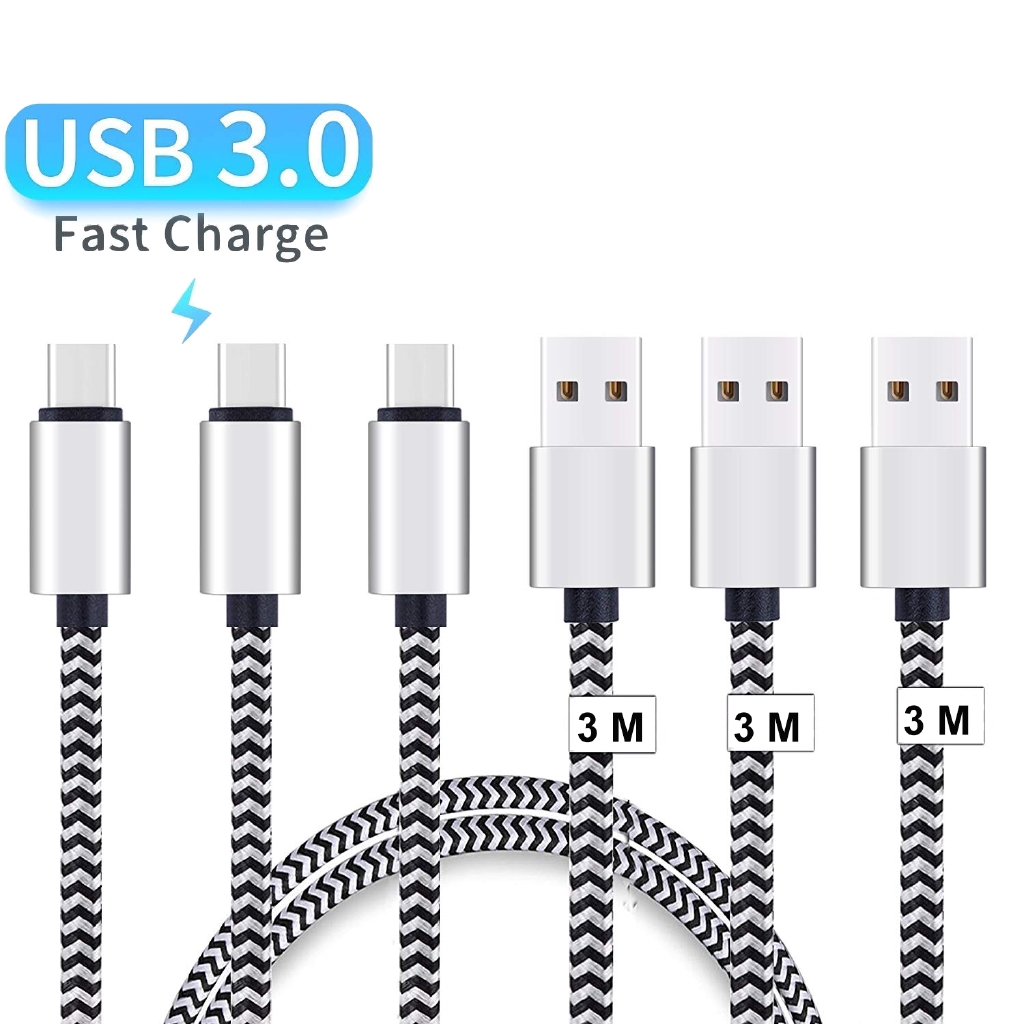 Kabel Nilon Braided Data Charger USB Tipe C Panjang 3M untuk Huawei Samsung Xiaomi