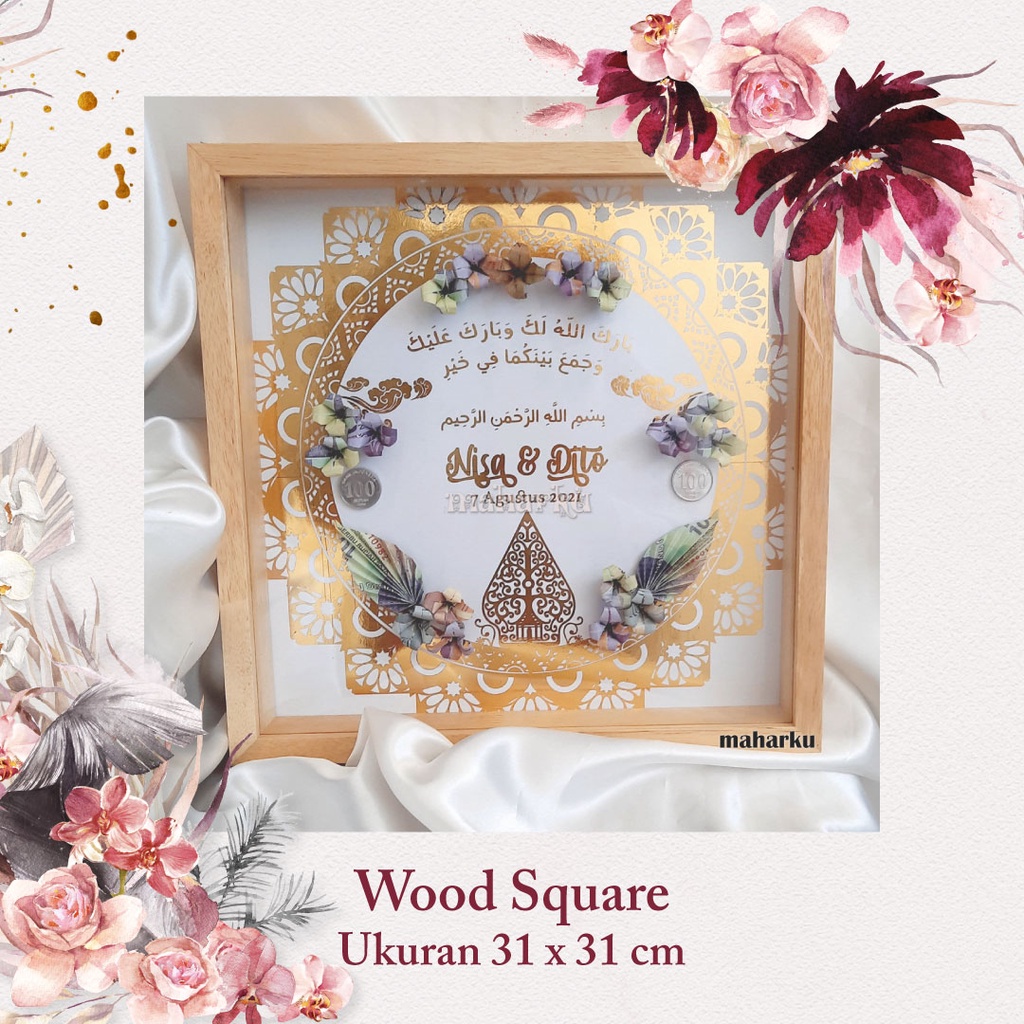 Bingkai Mahar Pernikahan Uang Frame Rustic Hiasan Gold Mewah Ukuran Square 30cm