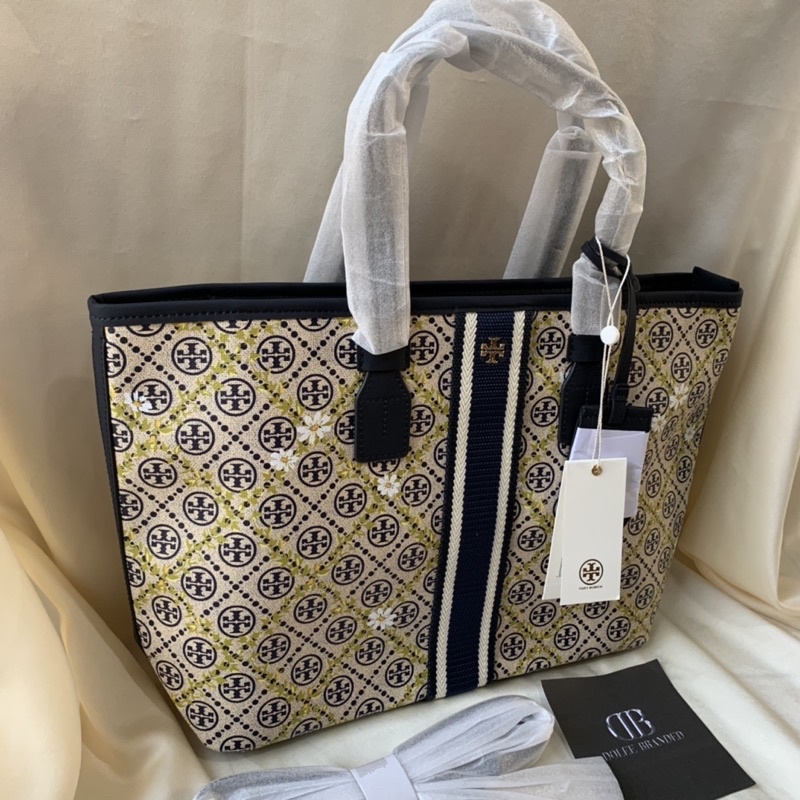 TORY BURCH T Monogram Floral Vine Small Top-Zip Tote Bag (Navy)