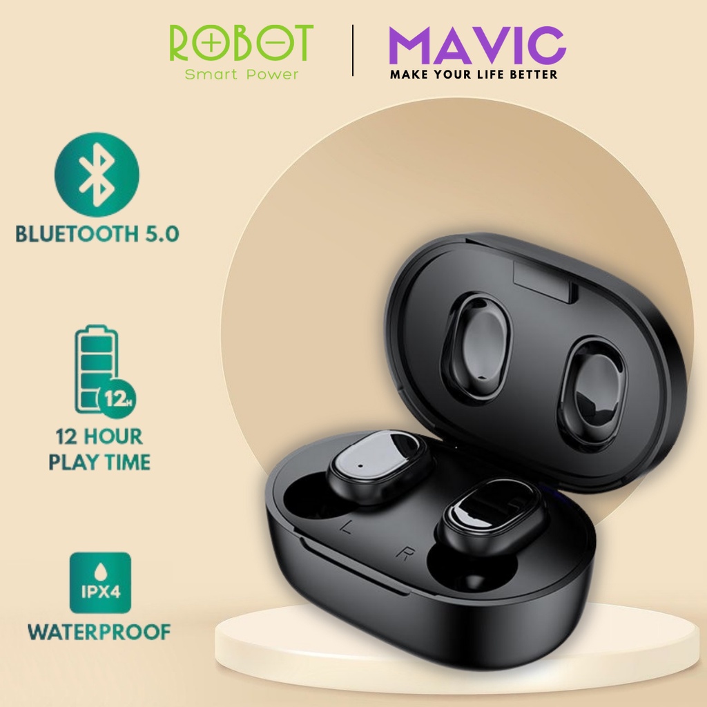 Earphone Robot TWS Wireless Airbuds T20 Headset Bluetooth Airdots - Garansi Resmi 1 Tahun-Hitam