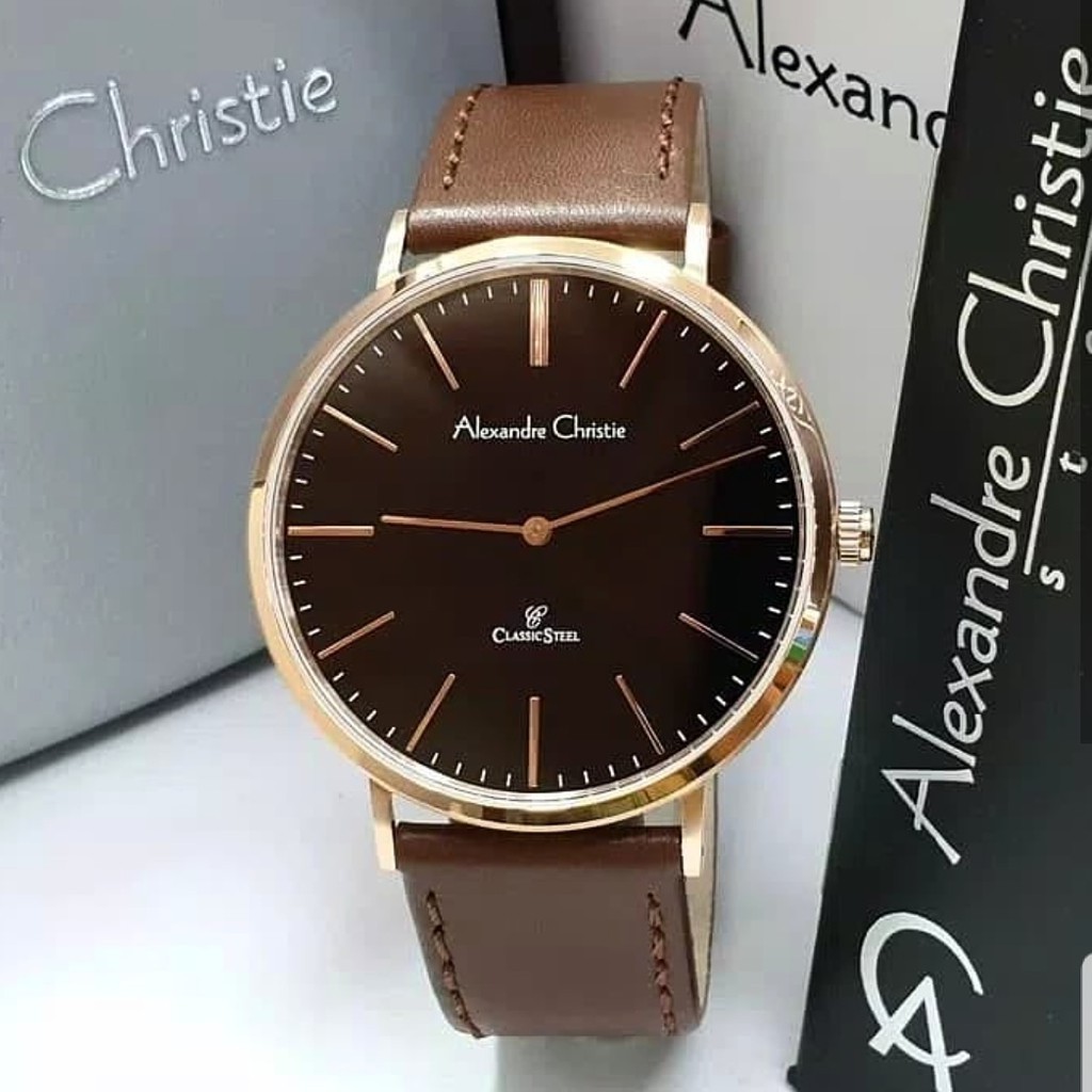 Alexandre christie original ac8490 jam pria coklat rosegold plat hitam
