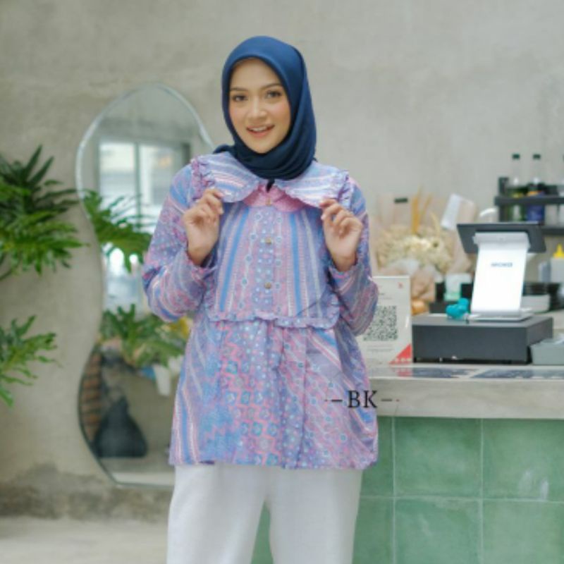tey-17 Batik wanita ASJ SA HRB026 Kenongo Kemeja Tosca Pendek-Soft Teratai Biru