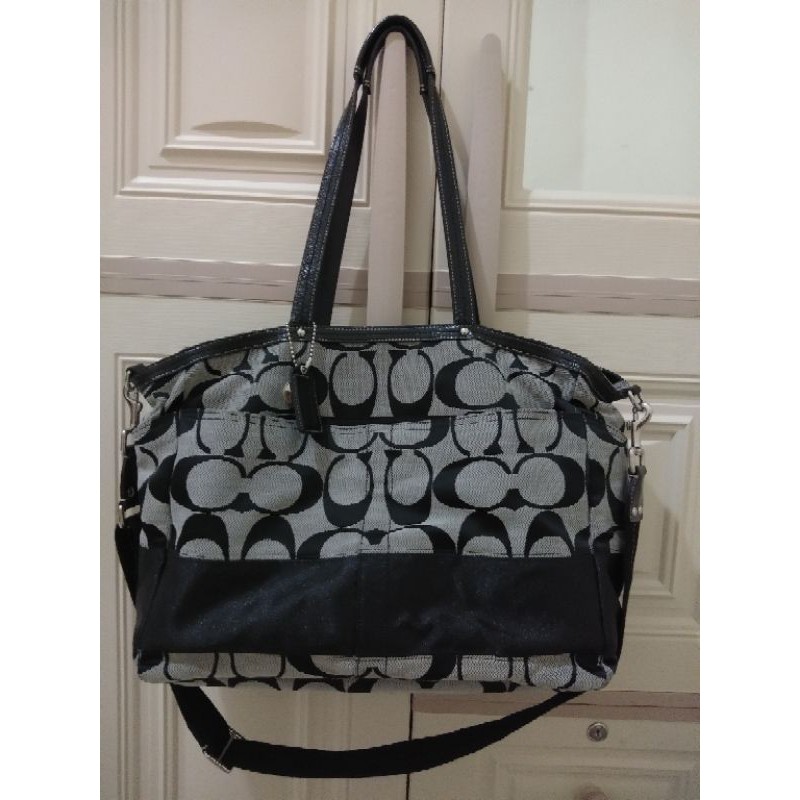 Preloved Tas Coach / Diapersbag Coach / Coach F13803 BLACK Signature Stripe