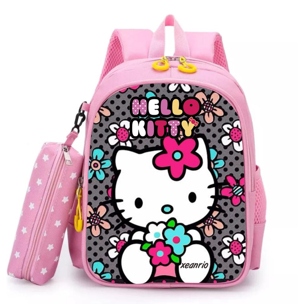 Tas Ransel Sekolah Anak Perempuan TK dan SD PREMIUM Karakter HELLO KITTY Flower 2in1 Bonus Tempat Pensil Terbaru 2022 Bisa COD