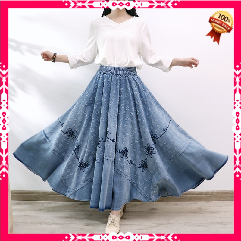 Rok Denim Panjang Import Long Maxi A-line Skirt Women Elastic Waist Spring Autumn Denim Jeans Vintag