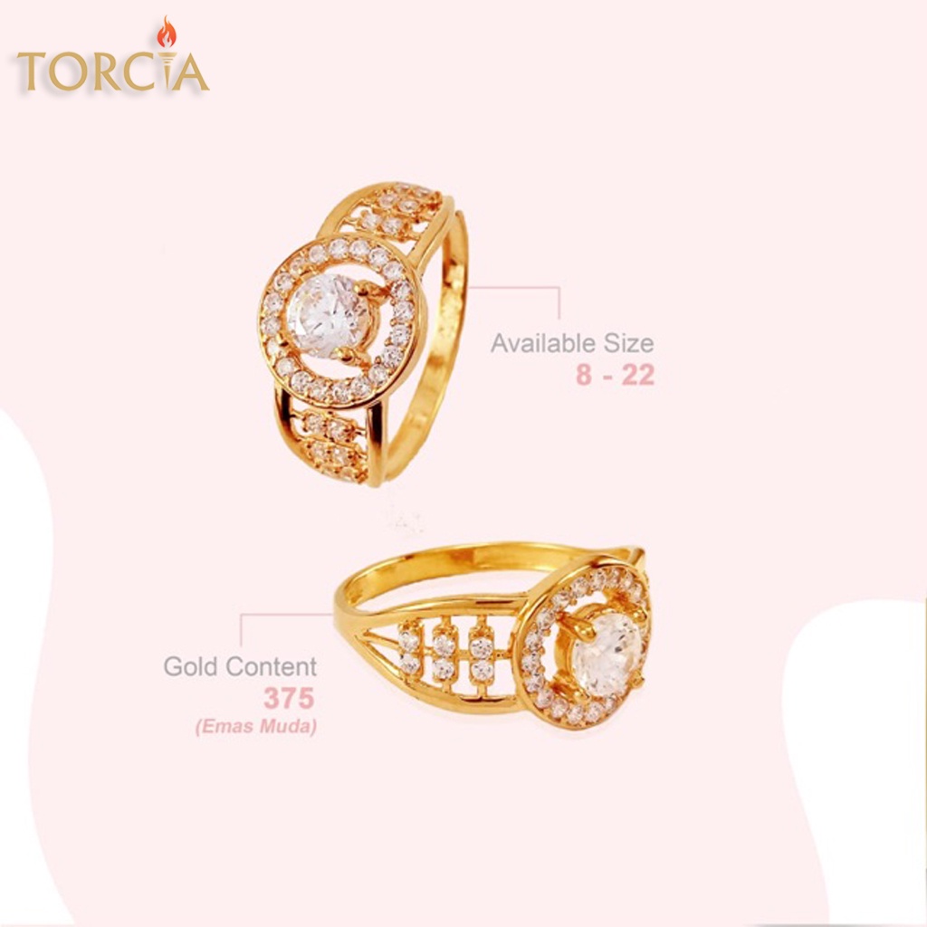 Cincin Emas Asli Diamond Look Lingkaran Permata Kadar 375 Torcia Gold