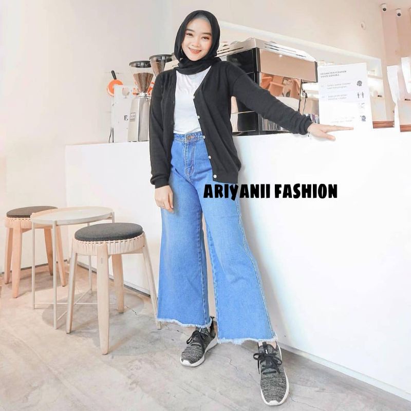 ARN - CELANA KULOT JEANS WANITA RAWIS HITAM PUTIH HIGHWAIST PANJANG DENIM MURAH CASUAL Korean Style