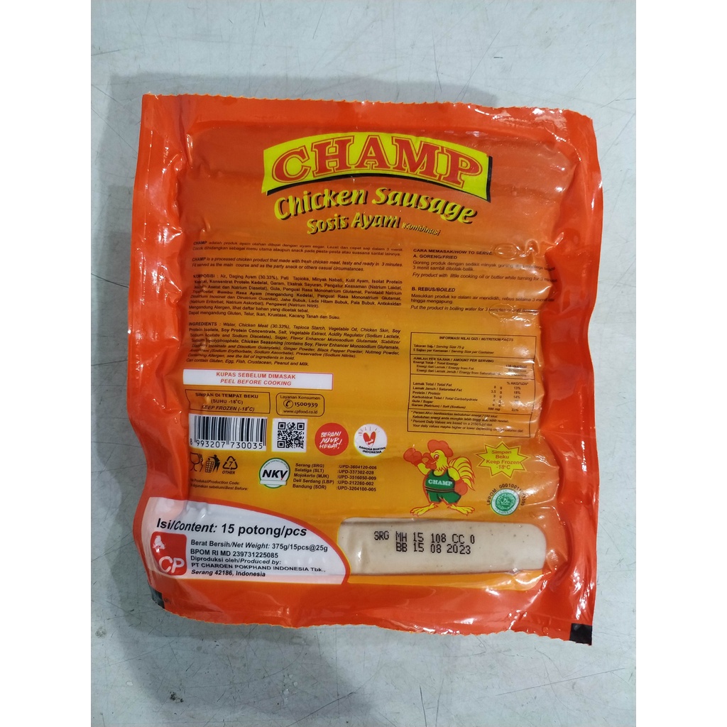 

Champ Chicken Sosis 375g (Isi 15pcs)