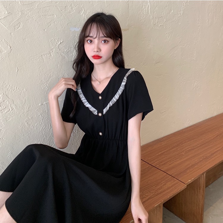 Musim panas wanita gaya baru v-neck lengan pendek penutup pinggang dress midi hitam perut