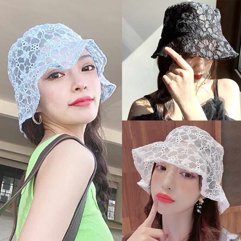 Topi Bucket Wanita Bahan Lace Motif Bunga Gaya Korea Untuk Musim Panas