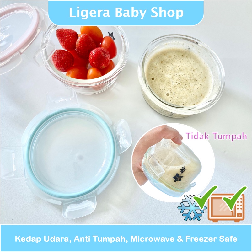 [Uk.200-240ml, bukan mini :) ] LIGERA Baby Glass Food Container Ada Takaran / Wadah Kaca Tempat Simpan Makanan MPASI BPA Free