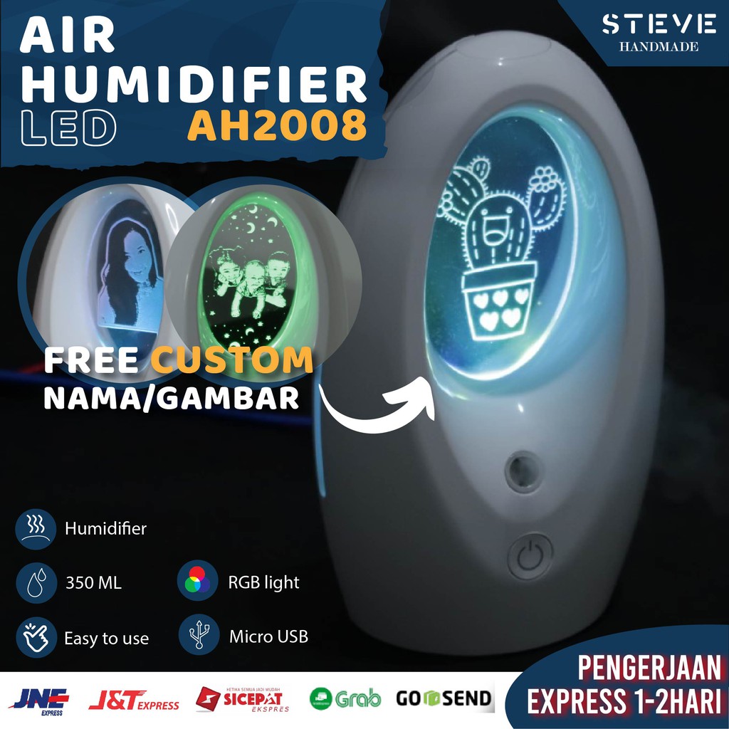 Air Humidifier Custom Foto Gambar dan Tulisan Diffuser Purifier Pelembap Udara AH2008 Lampu LED