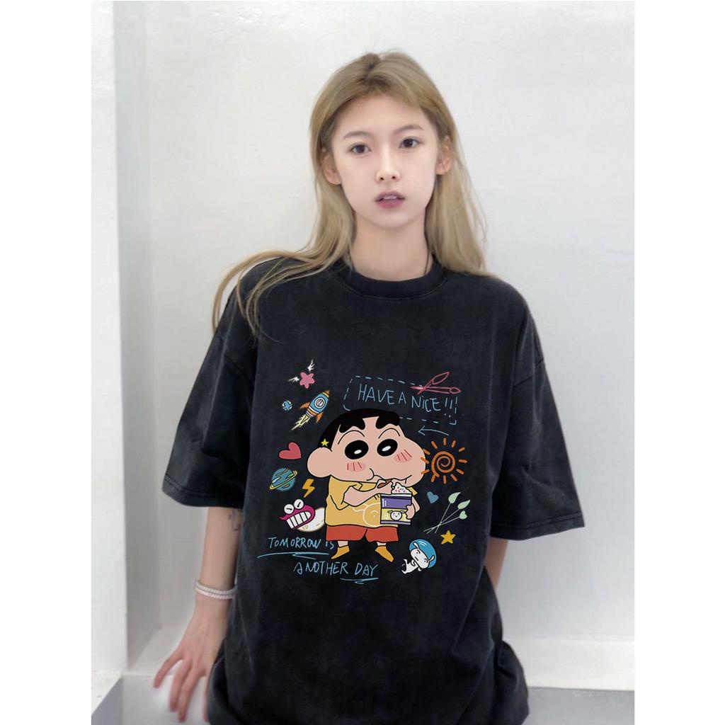 XIAOZHAINV Korean Style Krayon Shin-chan Pattern Washed Printing Kaos Wanita A0118/Atasan Wanita Terbaru