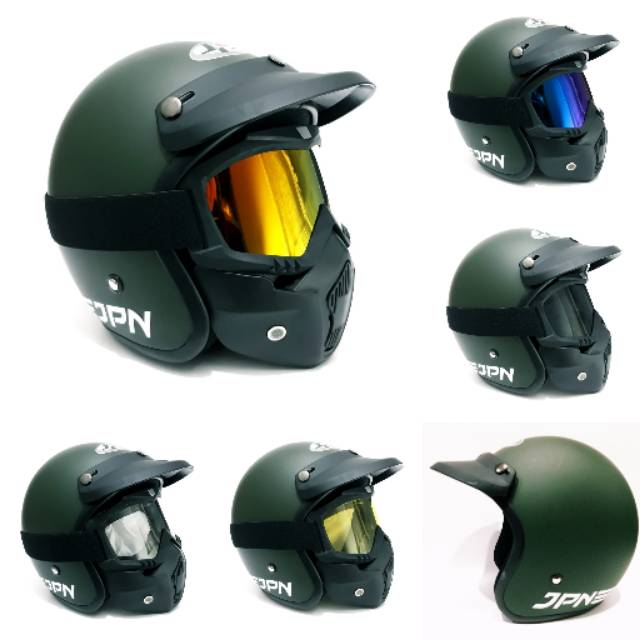 Helm Bogo Jpn Retro Hijau Army Dof Dengan Goggle mask