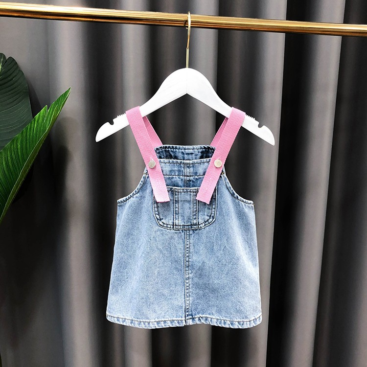 KF CAT Dress Anak Perempuan Overall Rok Jeans + Dalaman Kaos Lengan Pendek Cewek Santai Fashion Import-2