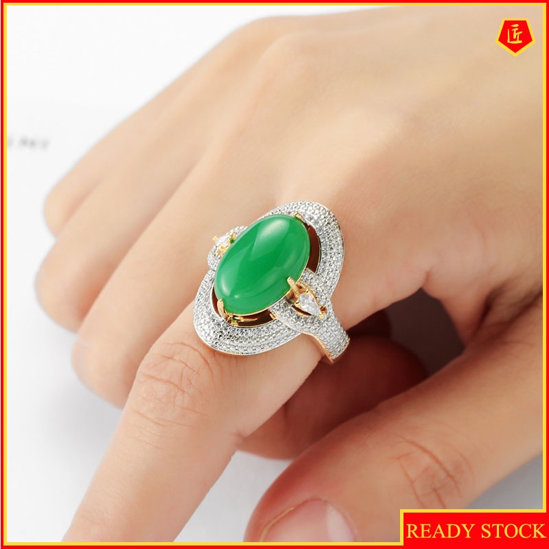 [Ready Stock]18K Gold Color Separation Inlaid Green Chalcedony Full Diamond Ring Luxury Elegant