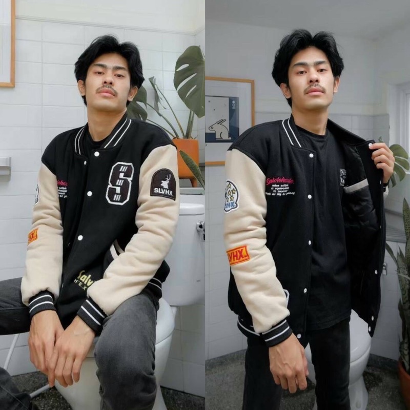 Jaket Baseball Varsity Unisex Original Salvio Hexia Hitam Cream Jaket Varsity Salviohexia