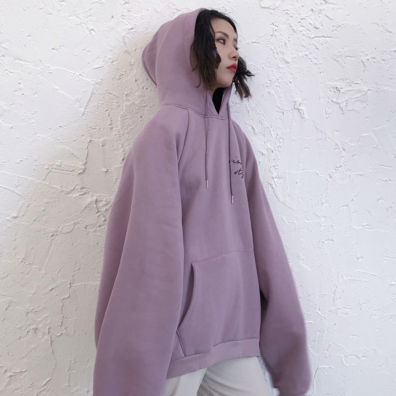Sweater Berkerudung Lengan Panjang Wanita Korea Warna Solid Longgar Huruf Dicetak-3