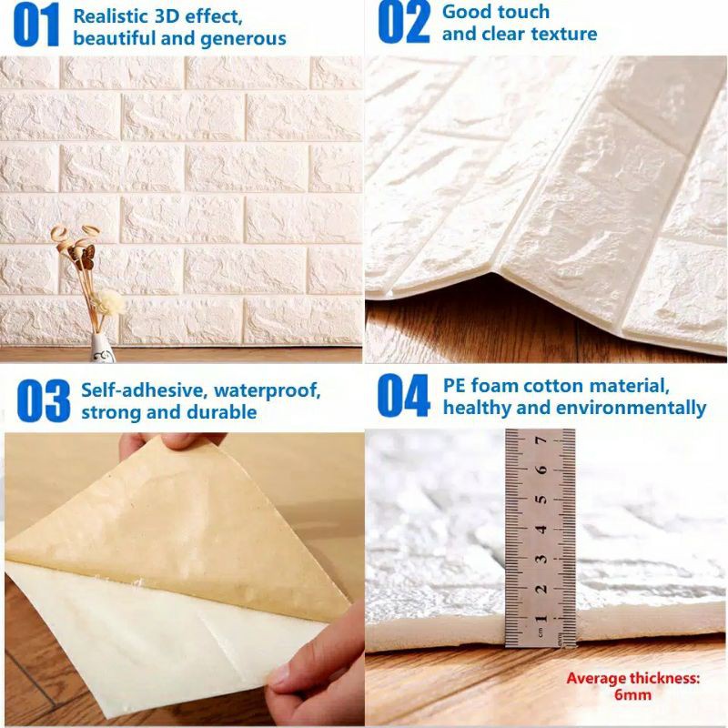 1 Wallpaper Dinding 3D 1Paket 10pcs 70cm x 77cm  Foam Timbul  Dekorasi Dinding Putih Bata CLASSIC wallpaper foam-4
