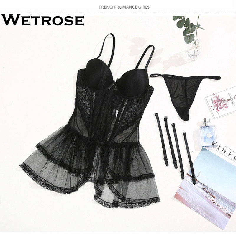 【Wetrose】Luxury Sexy Gathered Perspective Temptation Passion Bustier Push Up Body Slimming Lingerie