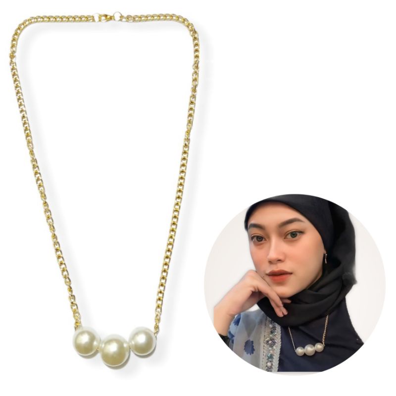 Kalung Panjang Korea Tiga Mutiara Jumbo Korean Pearl Necklace Kalung Hijab Kalung Jilbab