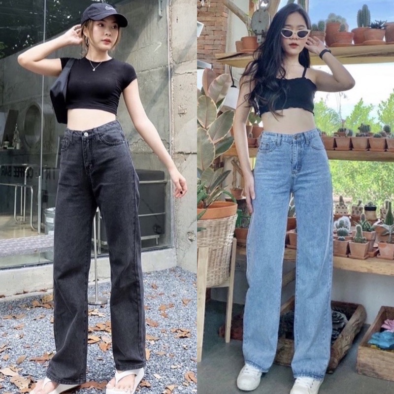 Highwaist Loose Jeans Free Belt Snow Black &amp; Snow Blue