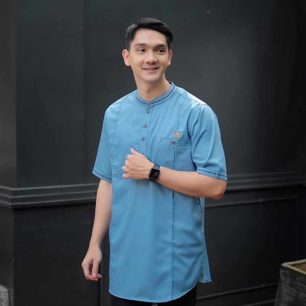 Luthfi Baju Koko Pria Lengan Pendek Embordir Toyobo Fodu Biru Wardah