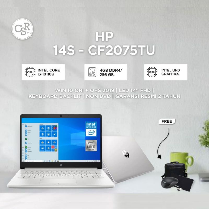 LAPTOP HP 14S CF2075TU INTEL CORE I3-10110U RAM 4GB SSD 256GB 14 FHD KEYBOARD BACKLIT WINDOWS+OHS
