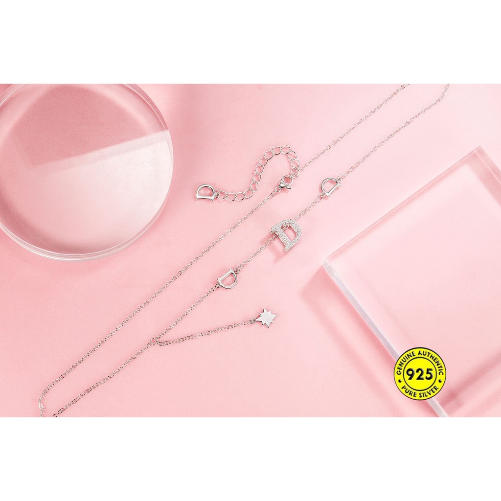 Kalung Rantai Sterling Silver 925 Dengan Liontin Huruf D + Berlian Imitasi Untuk Wanita